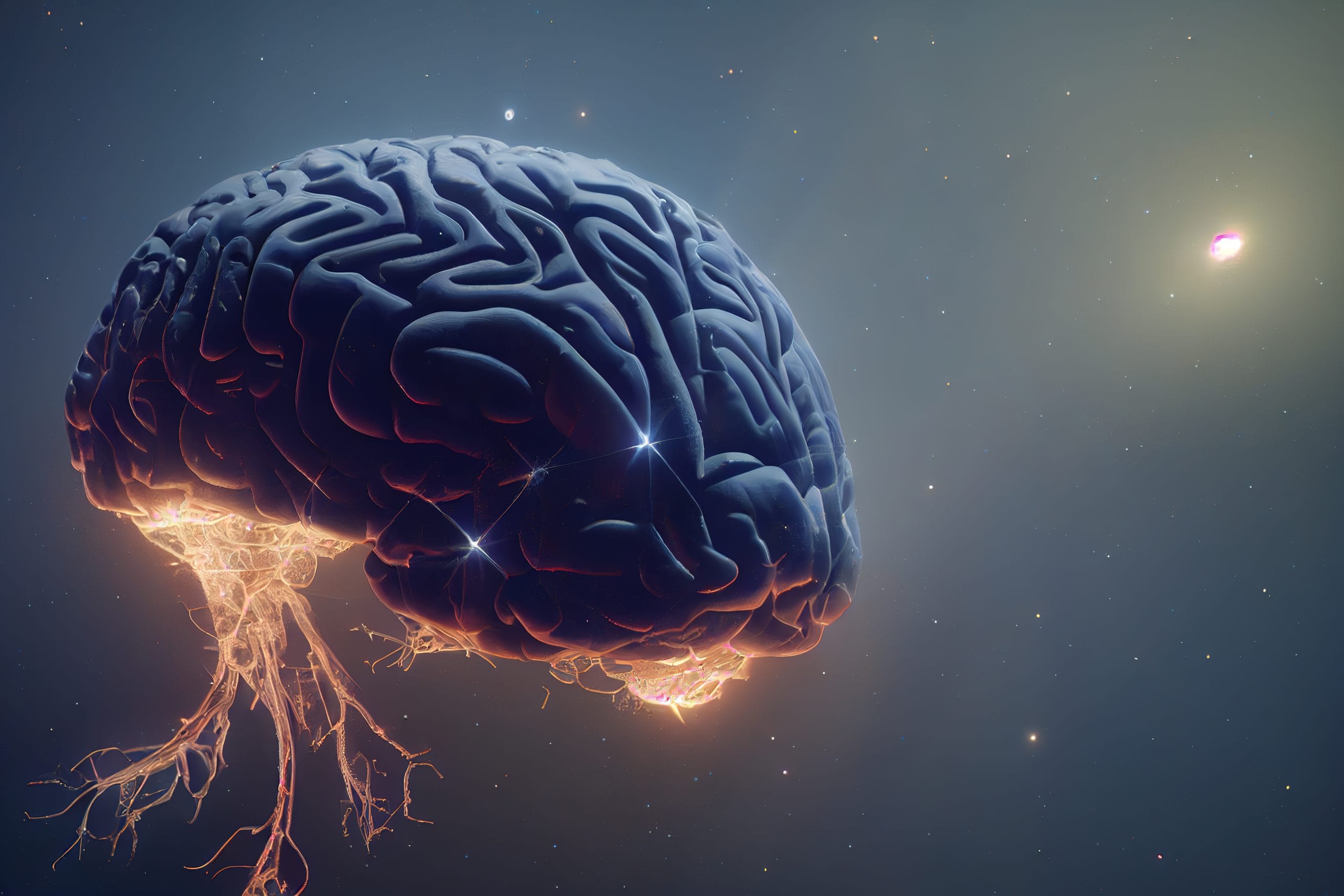 illustration of human brain with impulses of neurons