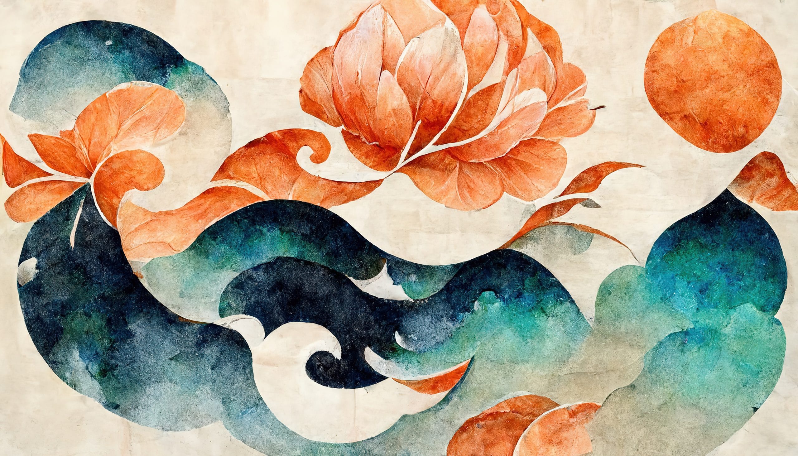 Traditional Japanese background with waves and flower texture. Oriental natural watercolor wave pattern in vintage style, suitable for banner, wallpaper or postcards. 3D illustration