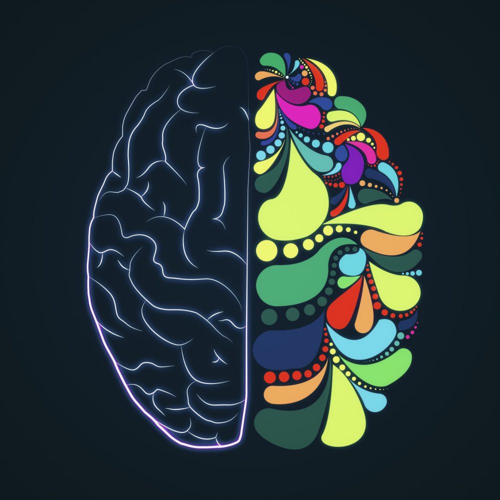 Creative colorful brain sketch on dark background.