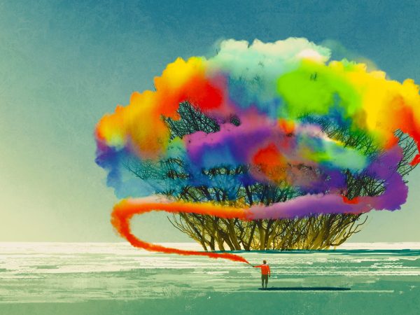 man draws abstract tree with colorful smoke flare,illustration painting